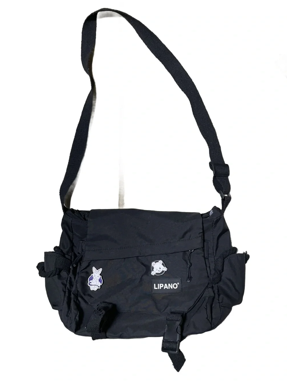 Lipano Black Nylon Adjustable Crossbody Messenger Bag w/Pins (Unisex)